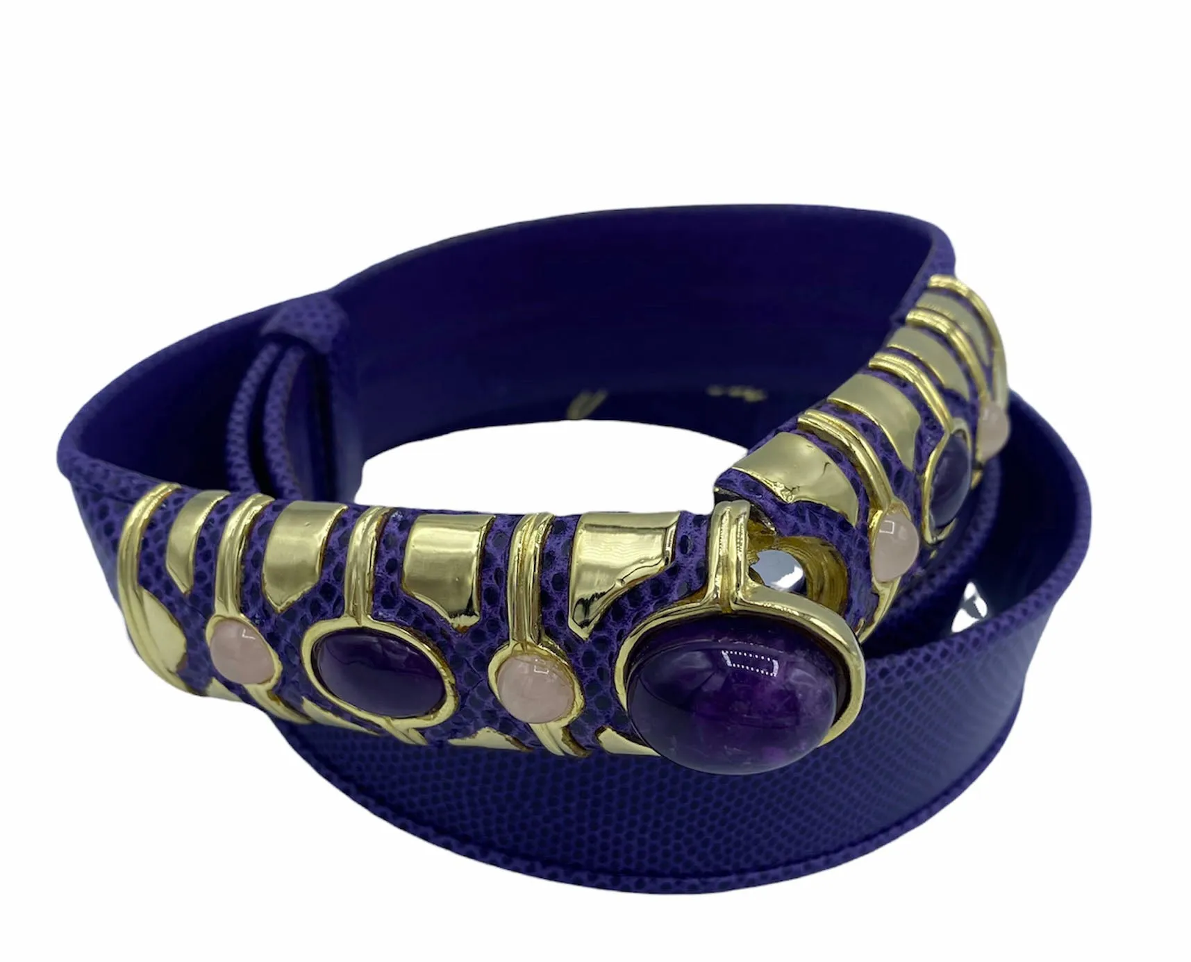 1980's Judith Leiber Purple Lizard Belt w/Amethyst & Rose Quartz