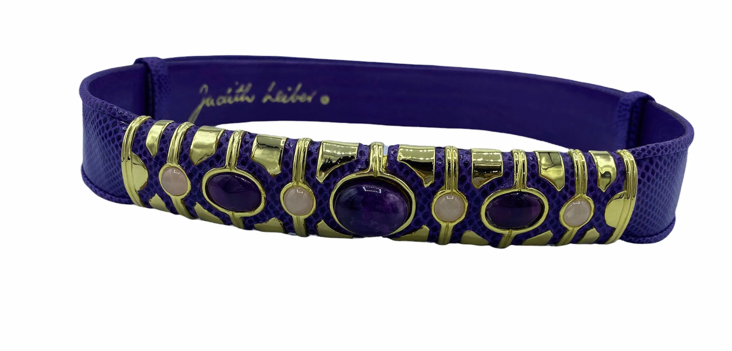 1980's Judith Leiber Purple Lizard Belt w/Amethyst & Rose Quartz