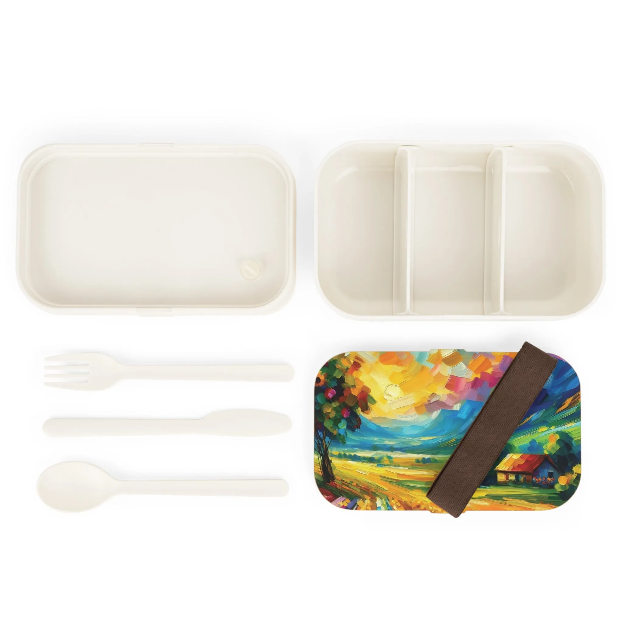 A vibrantly colored countryside and a cute  house Bento Lunch Box