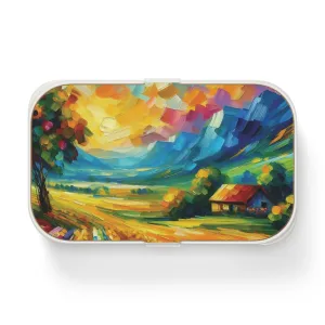A vibrantly colored countryside and a cute  house Bento Lunch Box