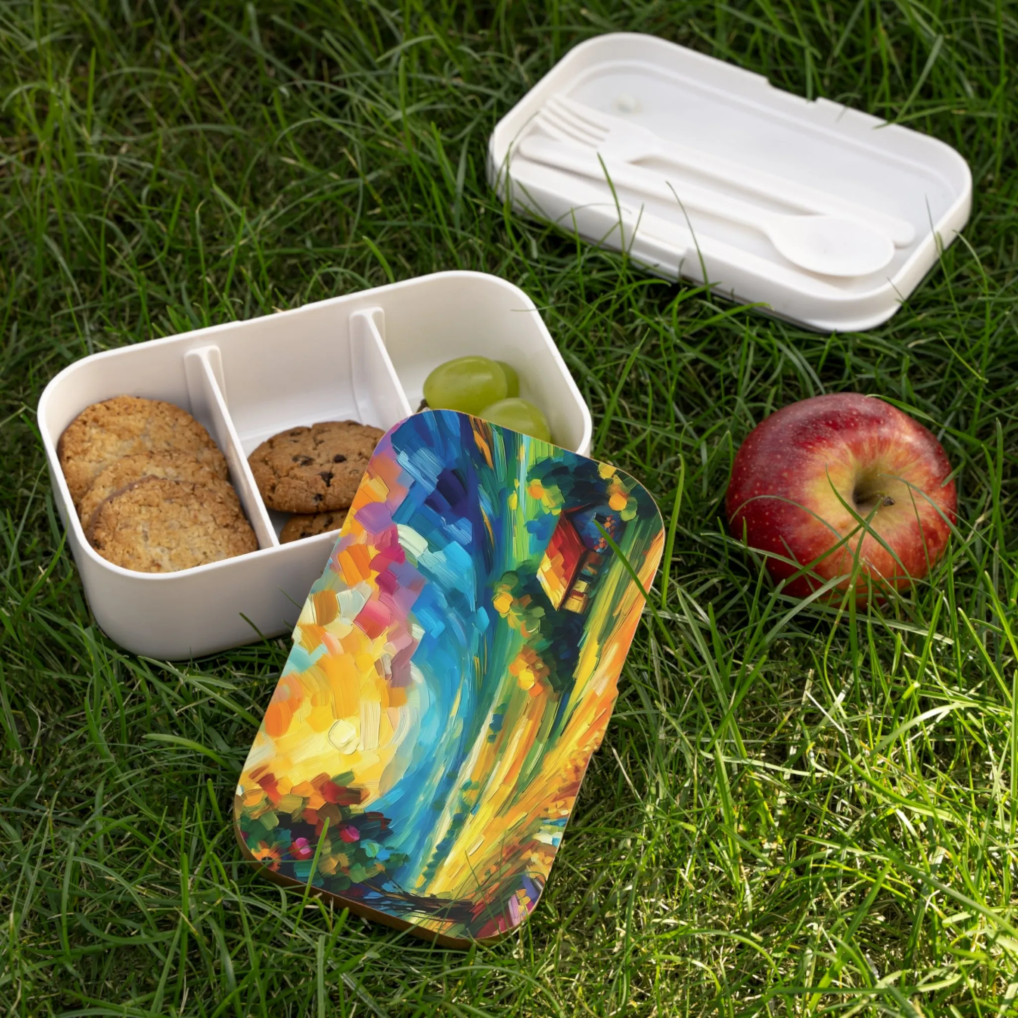 A vibrantly colored countryside and a cute  house Bento Lunch Box