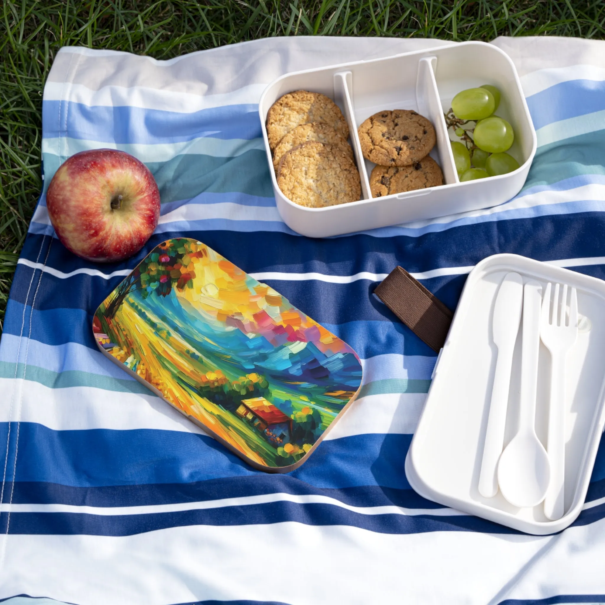 A vibrantly colored countryside and a cute  house Bento Lunch Box