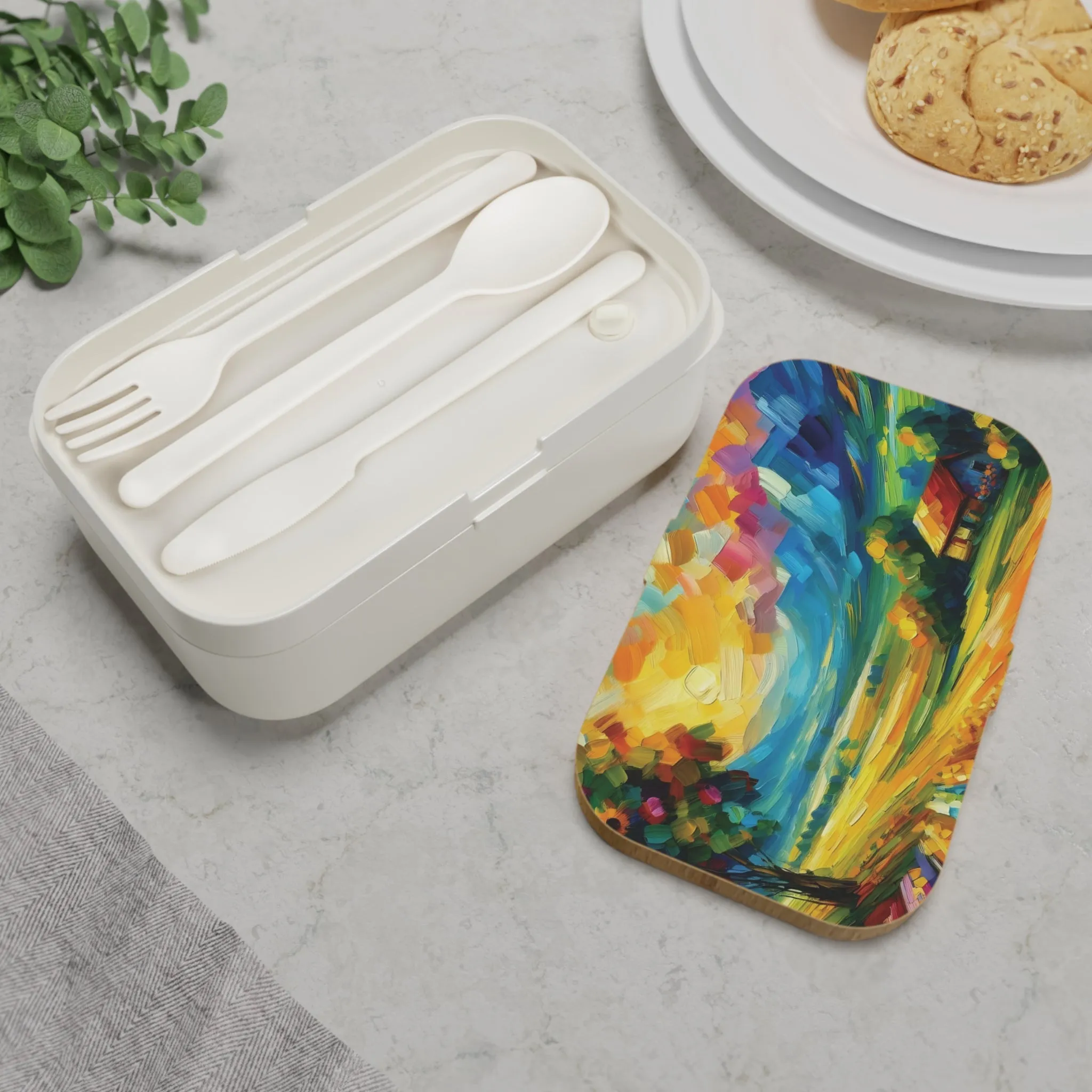 A vibrantly colored countryside and a cute  house Bento Lunch Box