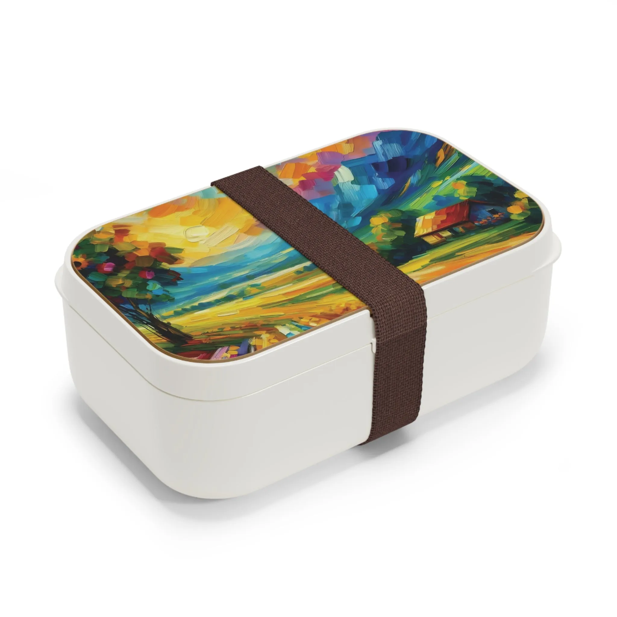 A vibrantly colored countryside and a cute  house Bento Lunch Box