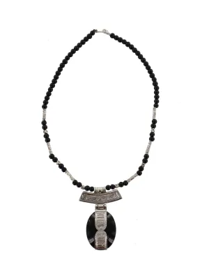 AGHBALU||Dramatic Silver and Black Agate Pendant with Black Beads