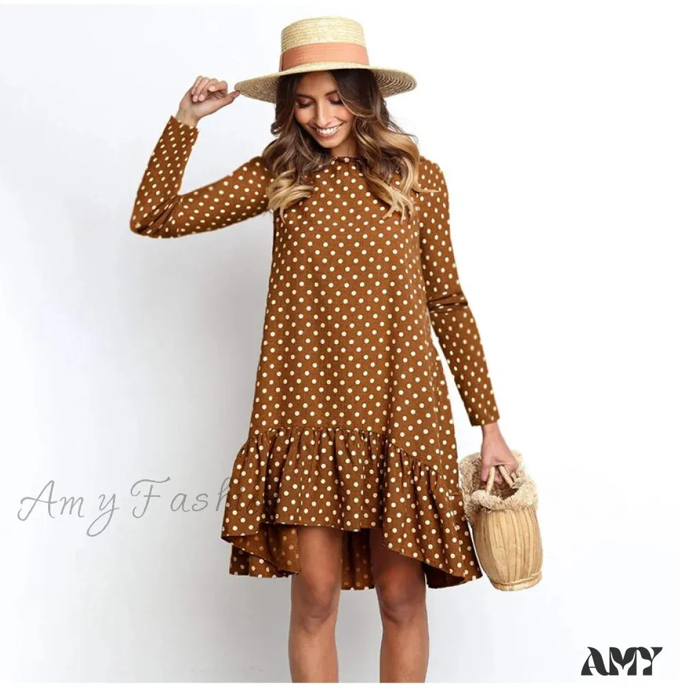 Amy Fashion - Fashion Polka Dot Chiffon Long Sleeve O Neck Ruffle Dress