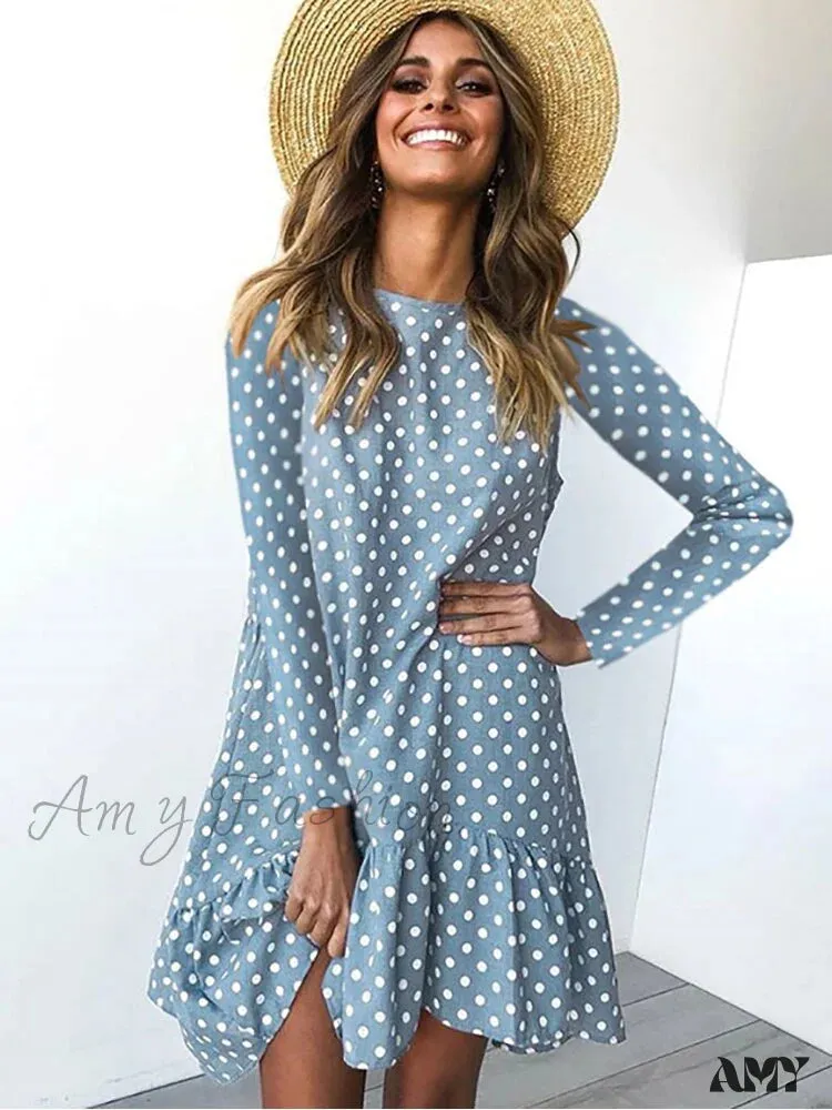 Amy Fashion - Fashion Polka Dot Chiffon Long Sleeve O Neck Ruffle Dress