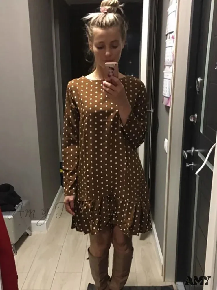 Amy Fashion - Fashion Polka Dot Chiffon Long Sleeve O Neck Ruffle Dress
