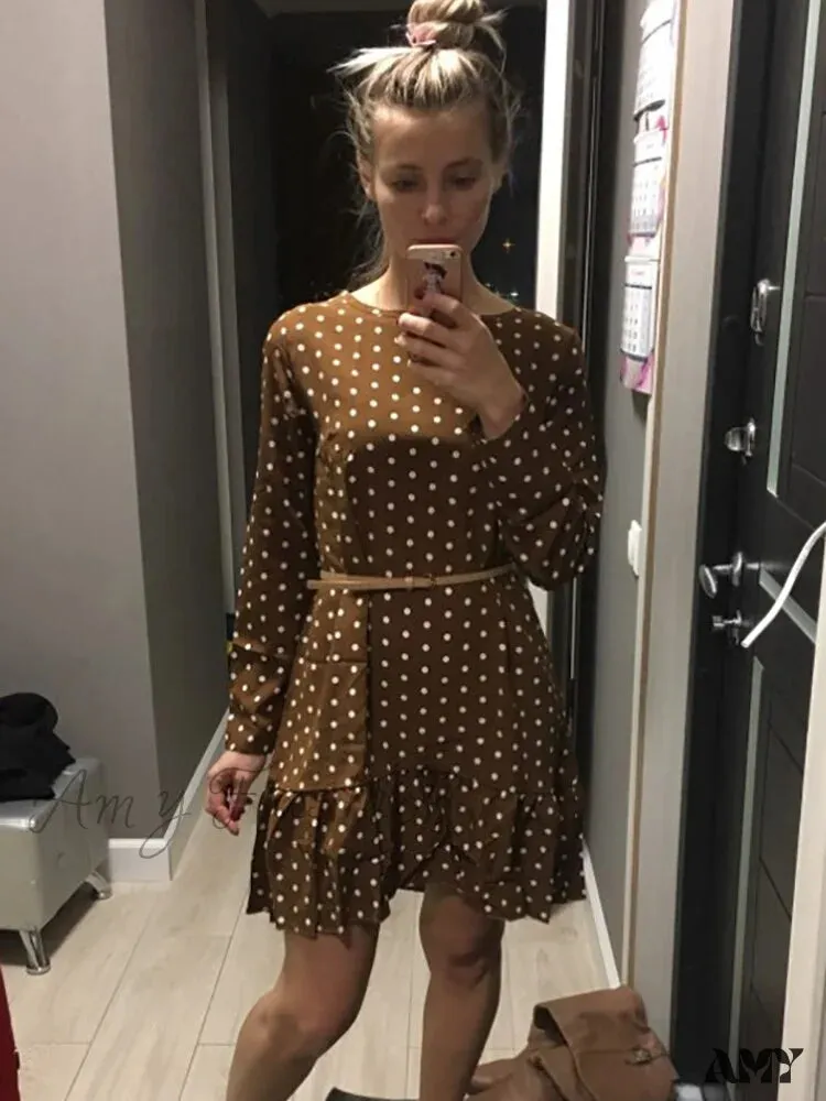 Amy Fashion - Fashion Polka Dot Chiffon Long Sleeve O Neck Ruffle Dress