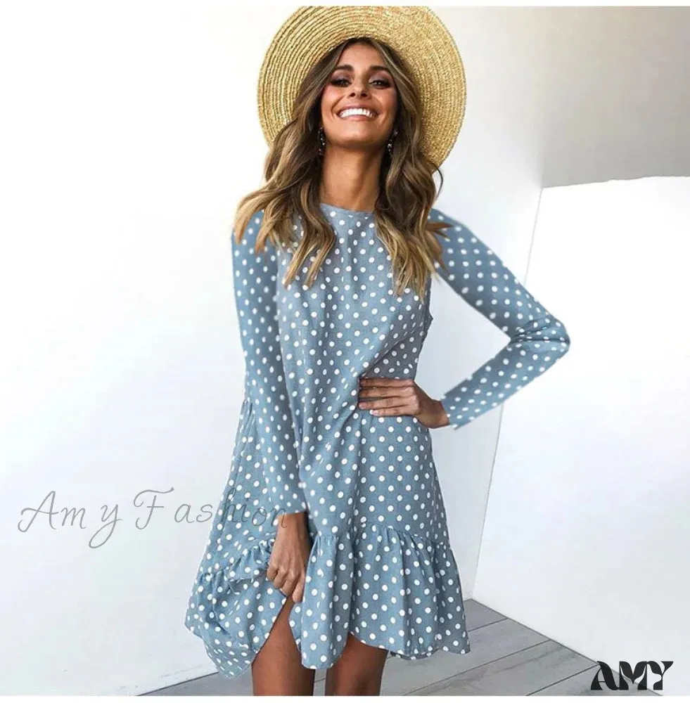 Amy Fashion - Fashion Polka Dot Chiffon Long Sleeve O Neck Ruffle Dress