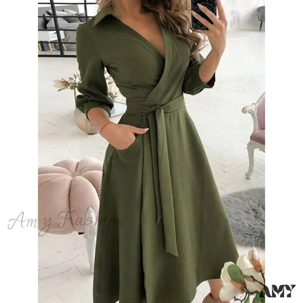 Amy Fashion - Long Sleeve V-neck Belt Pockets Casual Dress