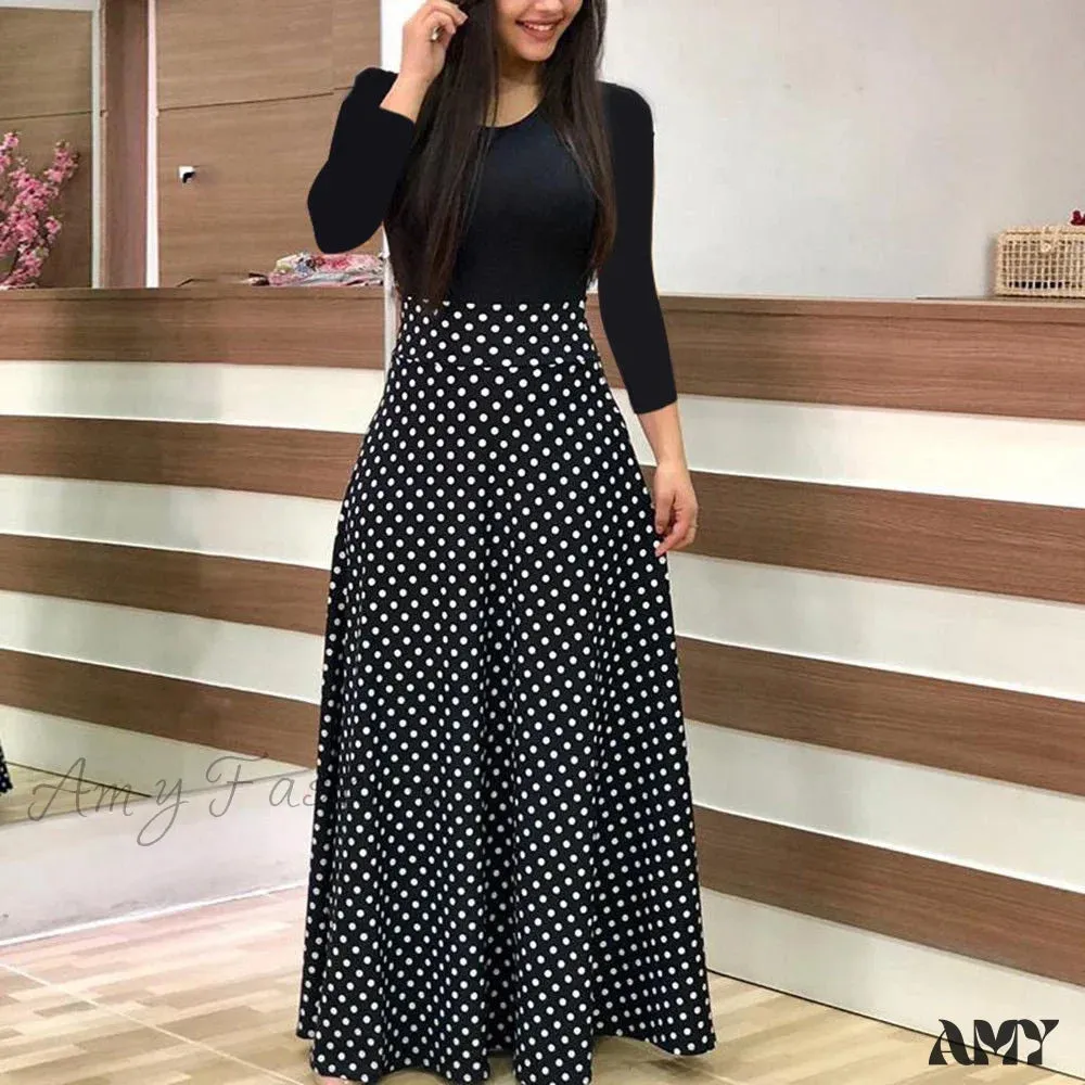 Amy Fashion - Polka Dot Long Sleeve Print Patchwork Long Maxi Dress