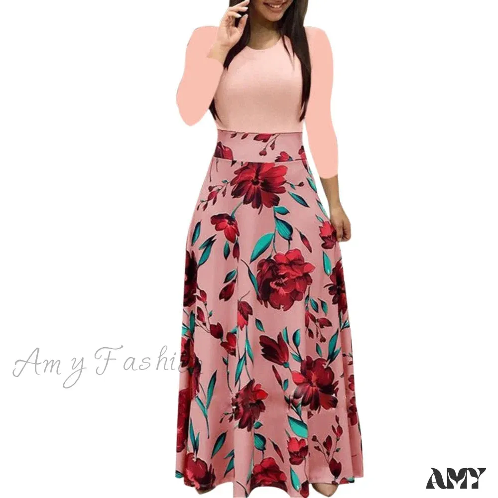 Amy Fashion - Polka Dot Long Sleeve Print Patchwork Long Maxi Dress