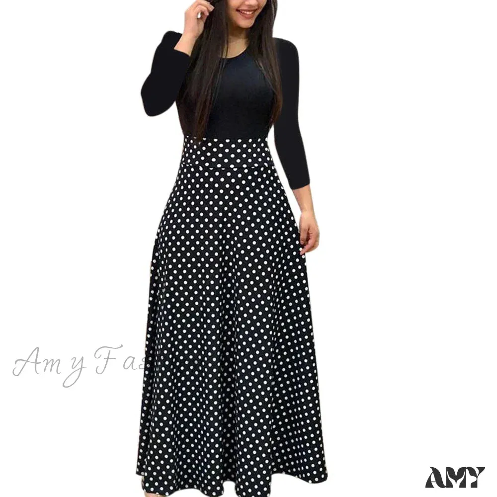 Amy Fashion - Polka Dot Long Sleeve Print Patchwork Long Maxi Dress