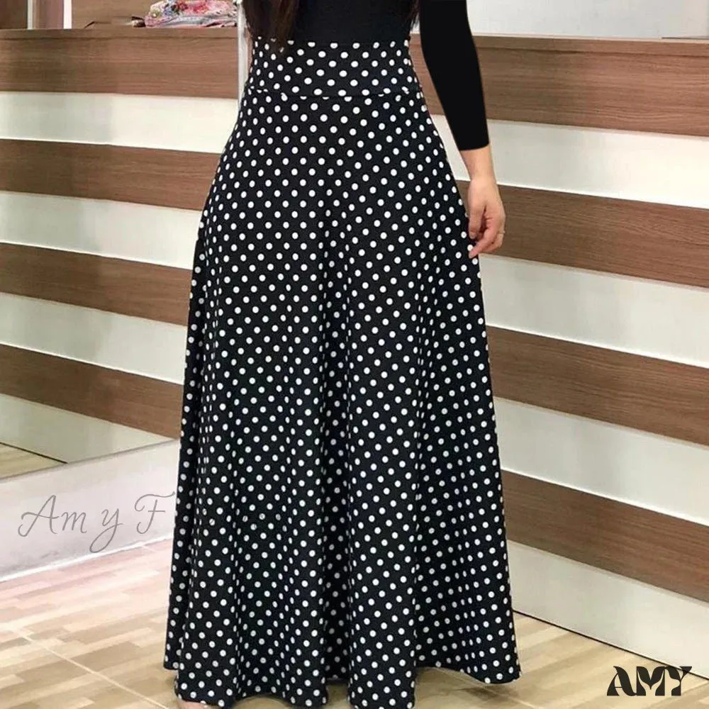 Amy Fashion - Polka Dot Long Sleeve Print Patchwork Long Maxi Dress