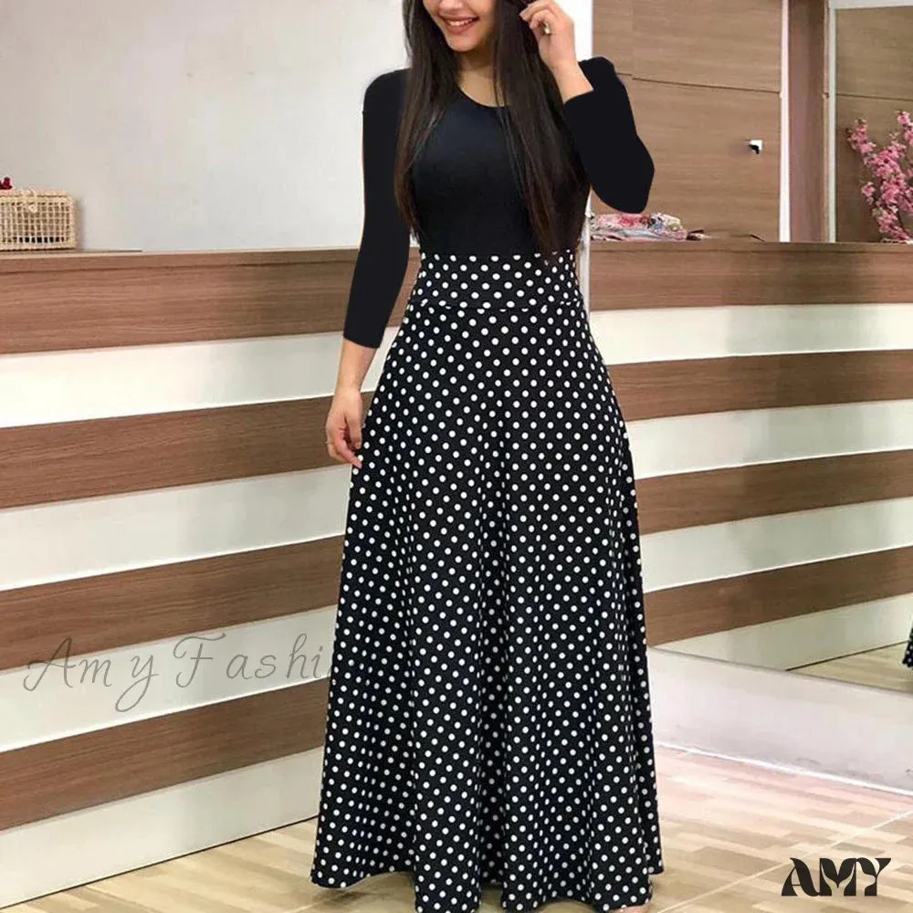 Amy Fashion - Polka Dot Long Sleeve Print Patchwork Long Maxi Dress