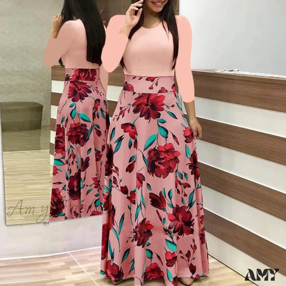 Amy Fashion - Polka Dot Long Sleeve Print Patchwork Long Maxi Dress