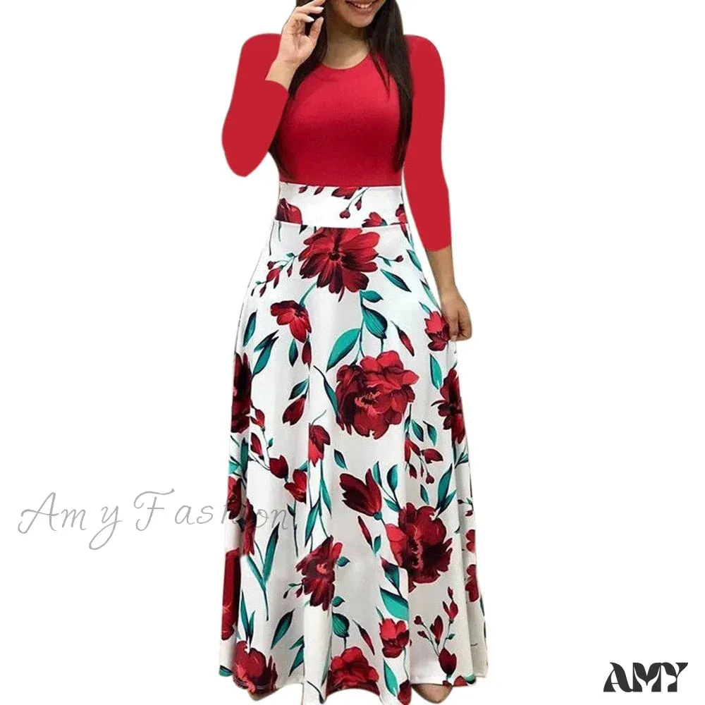 Amy Fashion - Polka Dot Long Sleeve Print Patchwork Long Maxi Dress