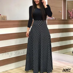 Amy Fashion - Polka Dot Long Sleeve Print Patchwork Long Maxi Dress