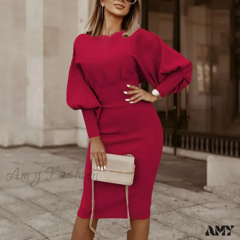 Amy Fashion - Puff Sleeve Slim Round Neck Knee Length Office Dress