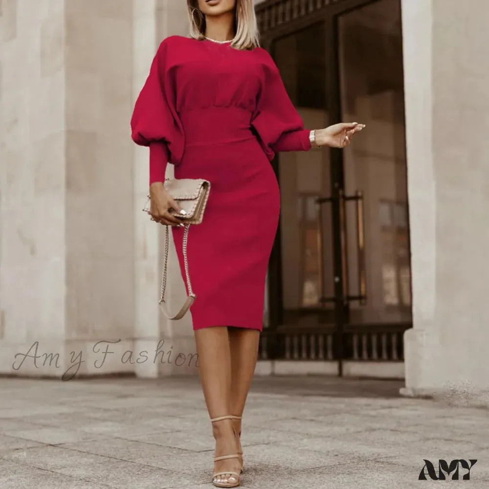 Amy Fashion - Puff Sleeve Slim Round Neck Knee Length Office Dress
