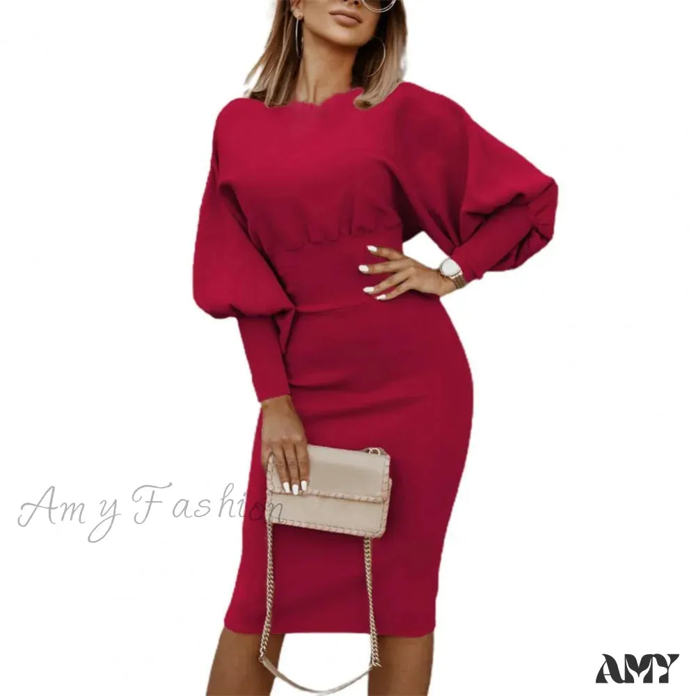 Amy Fashion - Puff Sleeve Slim Round Neck Knee Length Office Dress