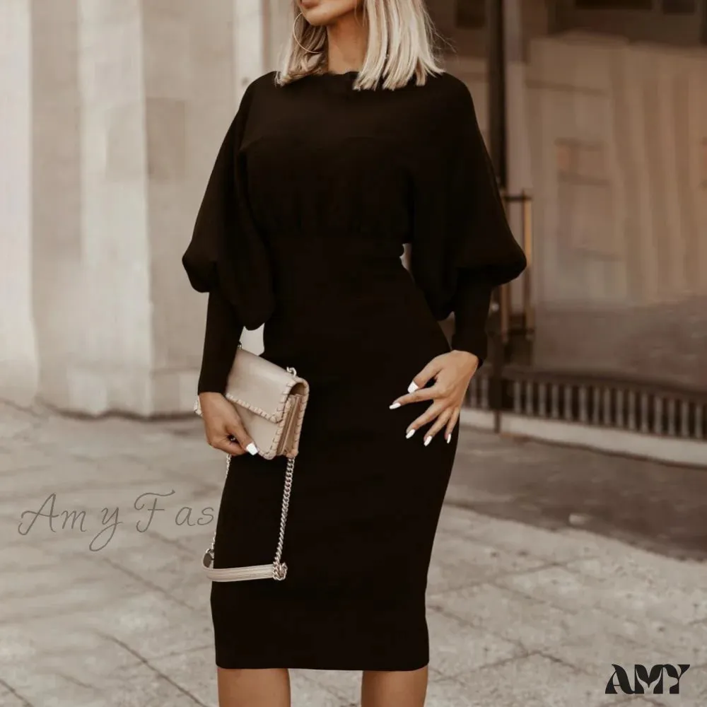 Amy Fashion - Puff Sleeve Slim Round Neck Knee Length Office Dress