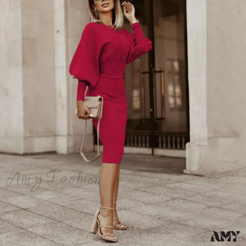Amy Fashion - Puff Sleeve Slim Round Neck Knee Length Office Dress