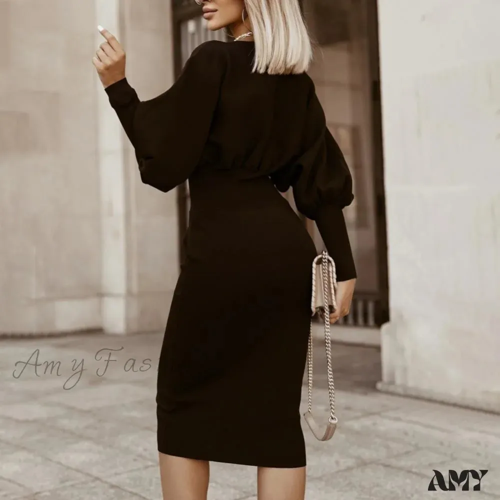 Amy Fashion - Puff Sleeve Slim Round Neck Knee Length Office Dress