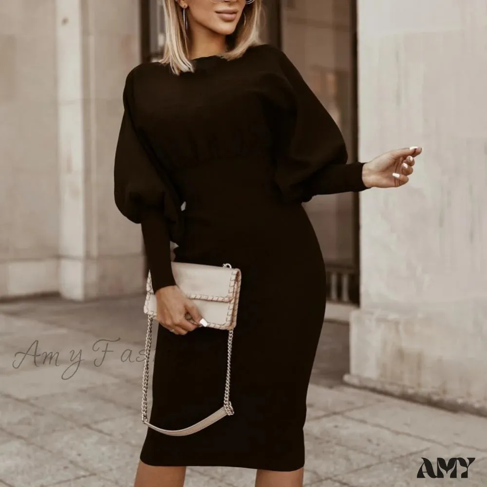 Amy Fashion - Puff Sleeve Slim Round Neck Knee Length Office Dress