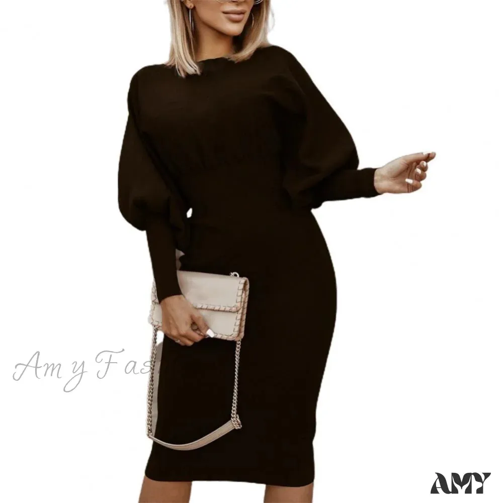 Amy Fashion - Puff Sleeve Slim Round Neck Knee Length Office Dress