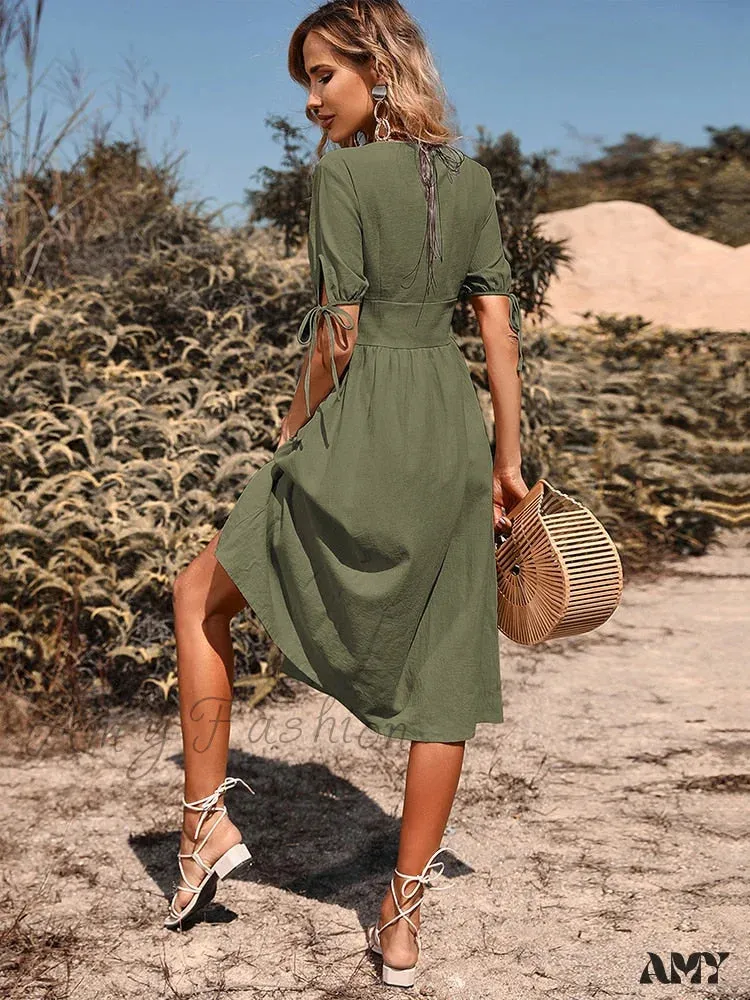 Amy Fashion - V Neck Button Down Casual A-line Short Sleeve Dress