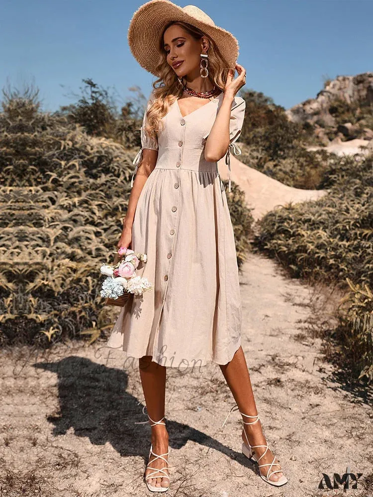 Amy Fashion - V Neck Button Down Casual A-line Short Sleeve Dress