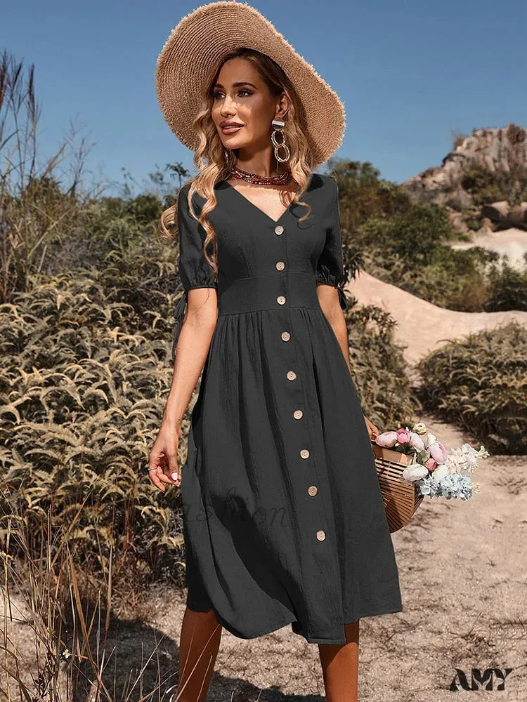 Amy Fashion - V Neck Button Down Casual A-line Short Sleeve Dress