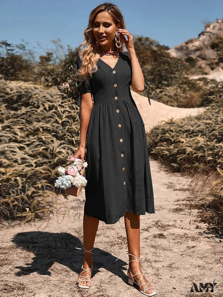 Amy Fashion - V Neck Button Down Casual A-line Short Sleeve Dress