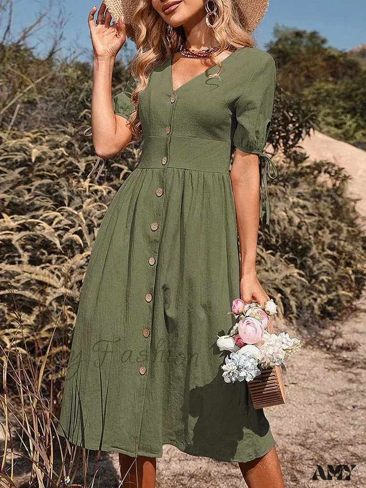 Amy Fashion - V Neck Button Down Casual A-line Short Sleeve Dress