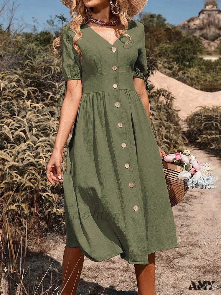Amy Fashion - V Neck Button Down Casual A-line Short Sleeve Dress
