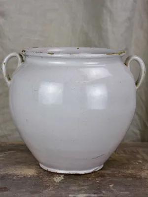 Antique French preserving pot with white glaze and two handles