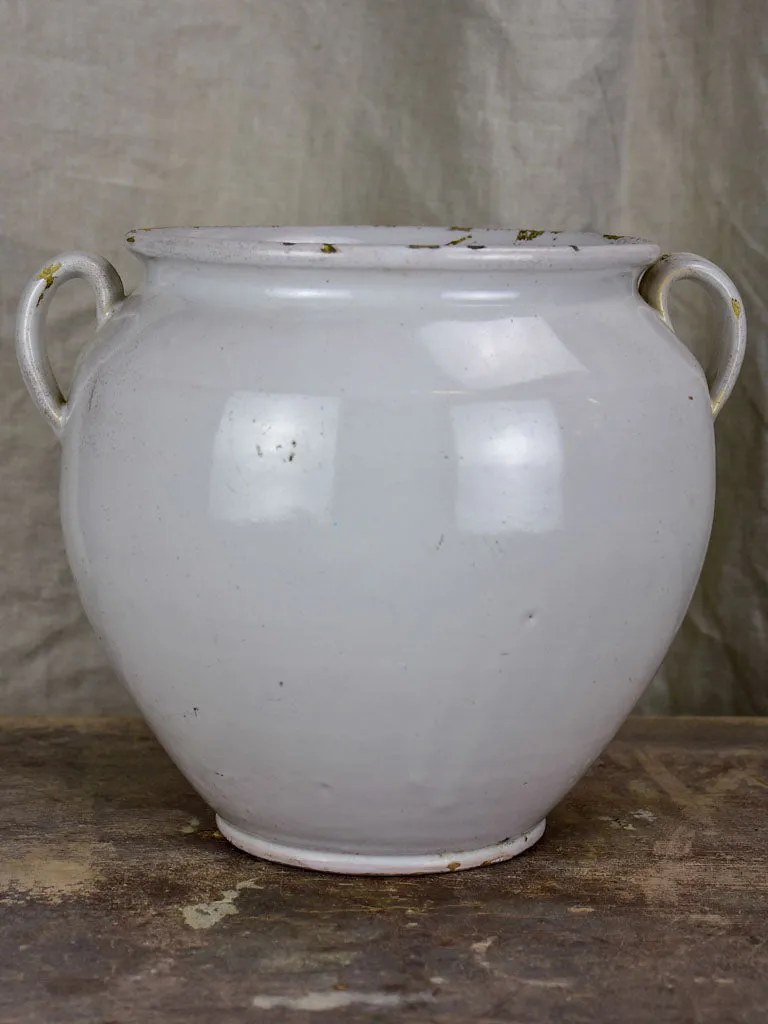 Antique French preserving pot with white glaze and two handles
