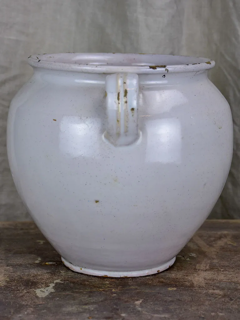 Antique French preserving pot with white glaze and two handles