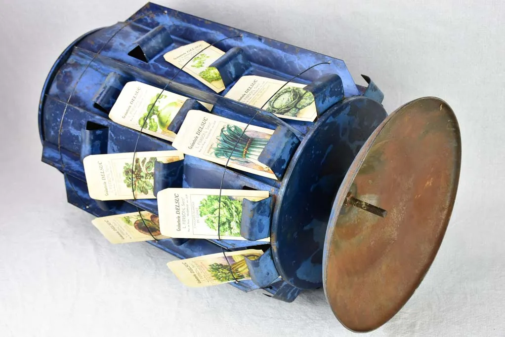 Antique French seed presentation stand with blue patina 24"