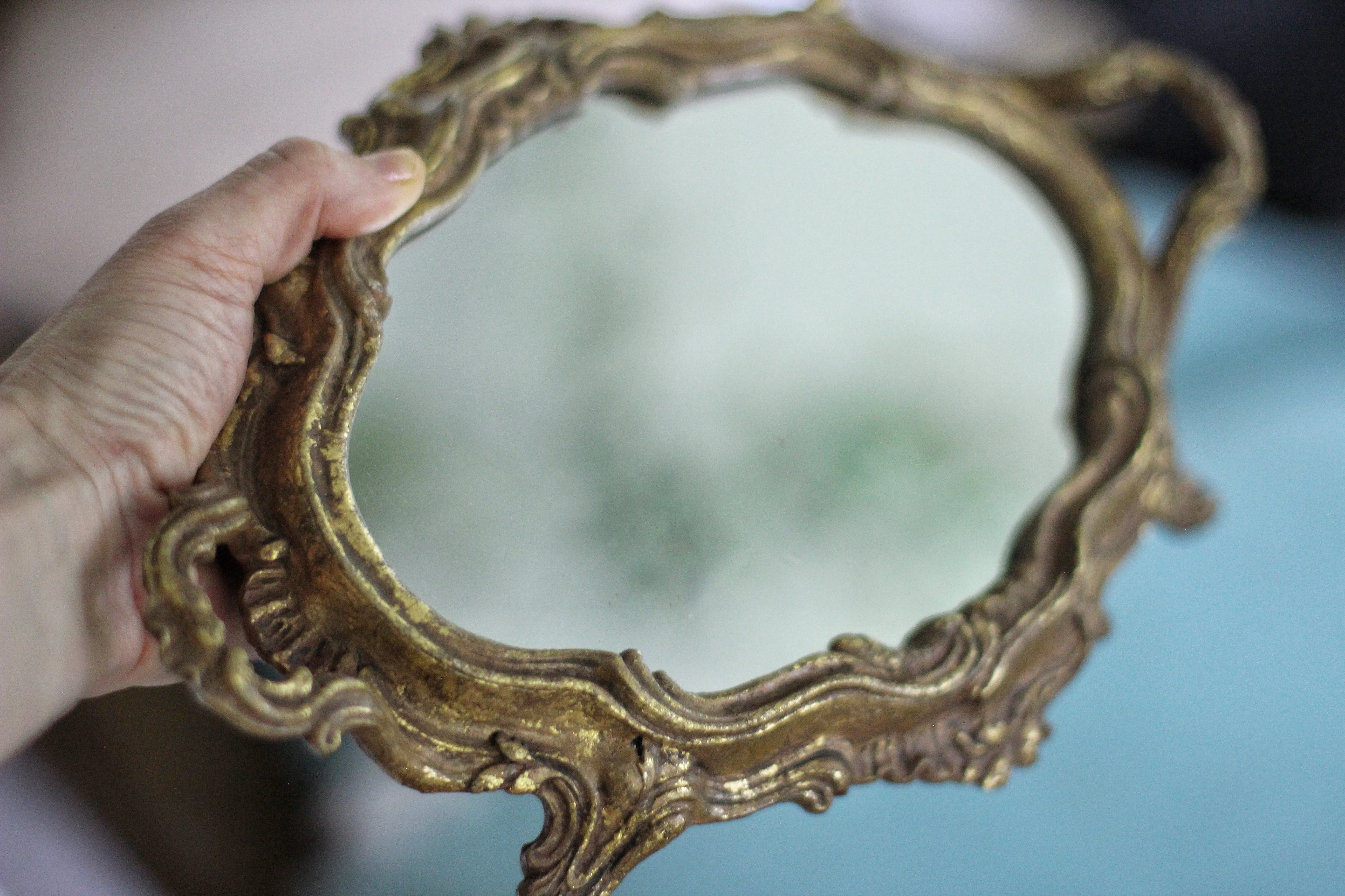Antique Ornate Bronze Mirror Tray