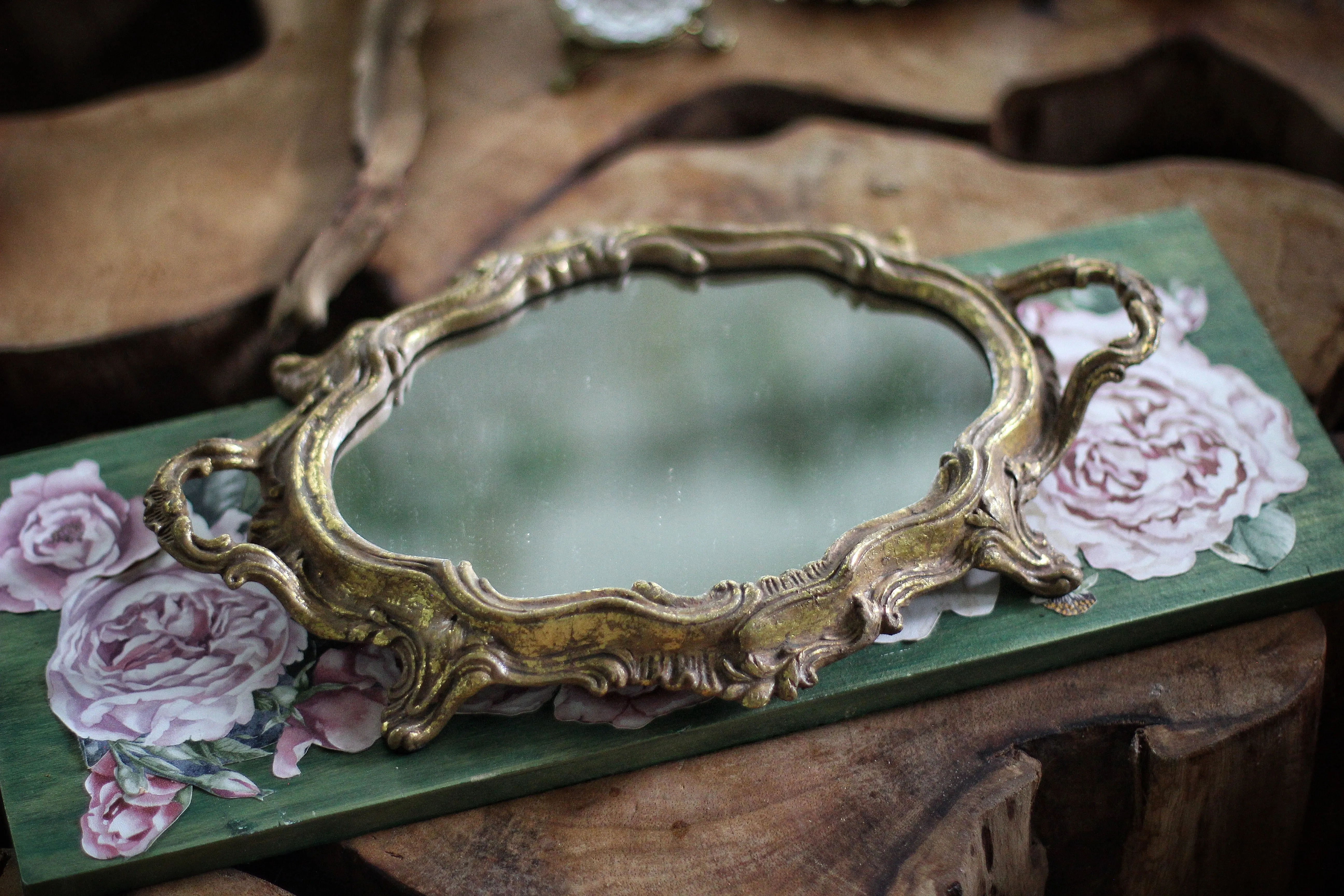 Antique Ornate Bronze Mirror Tray