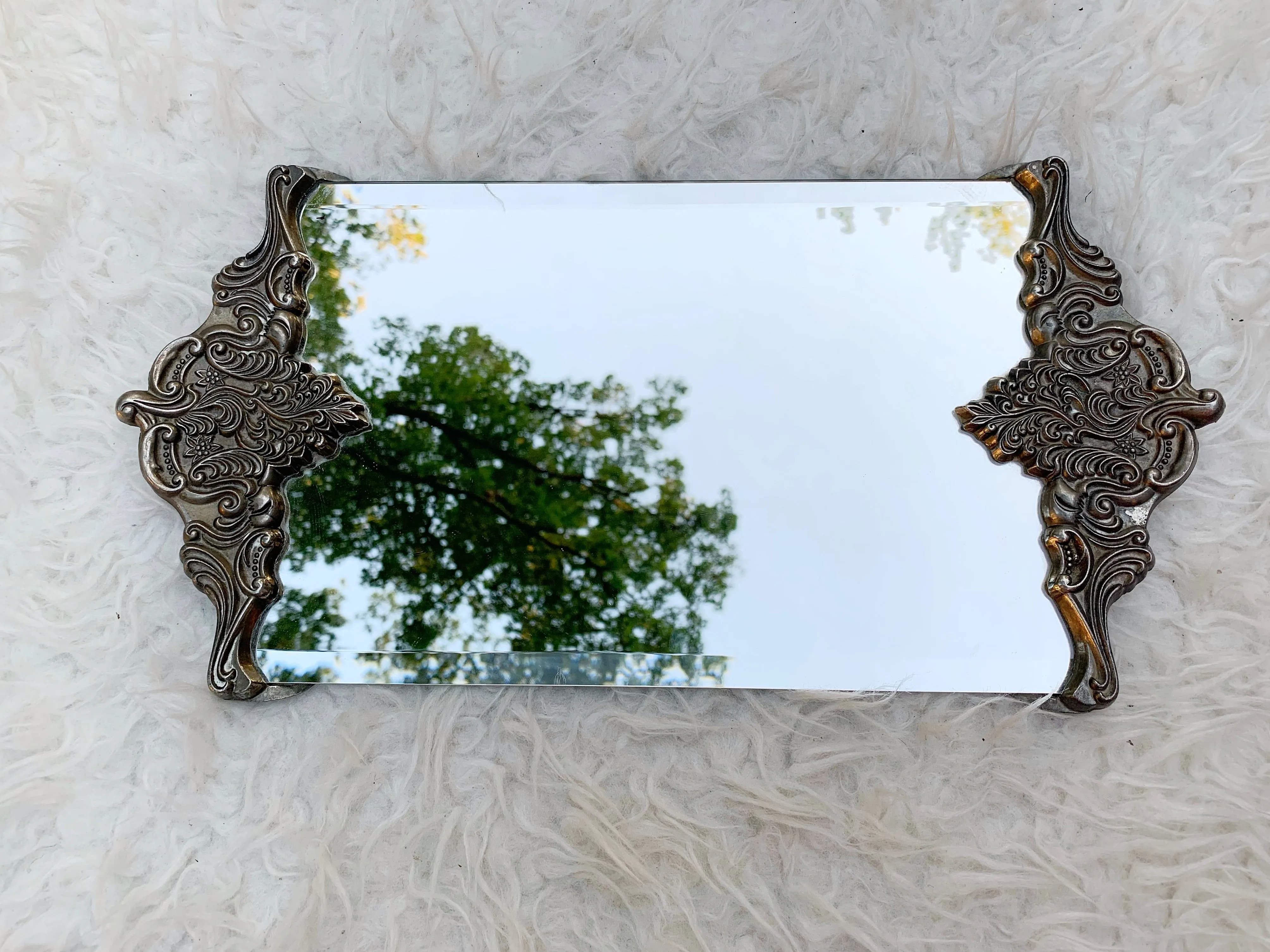 Antique Ornate Silver Mirror Tray