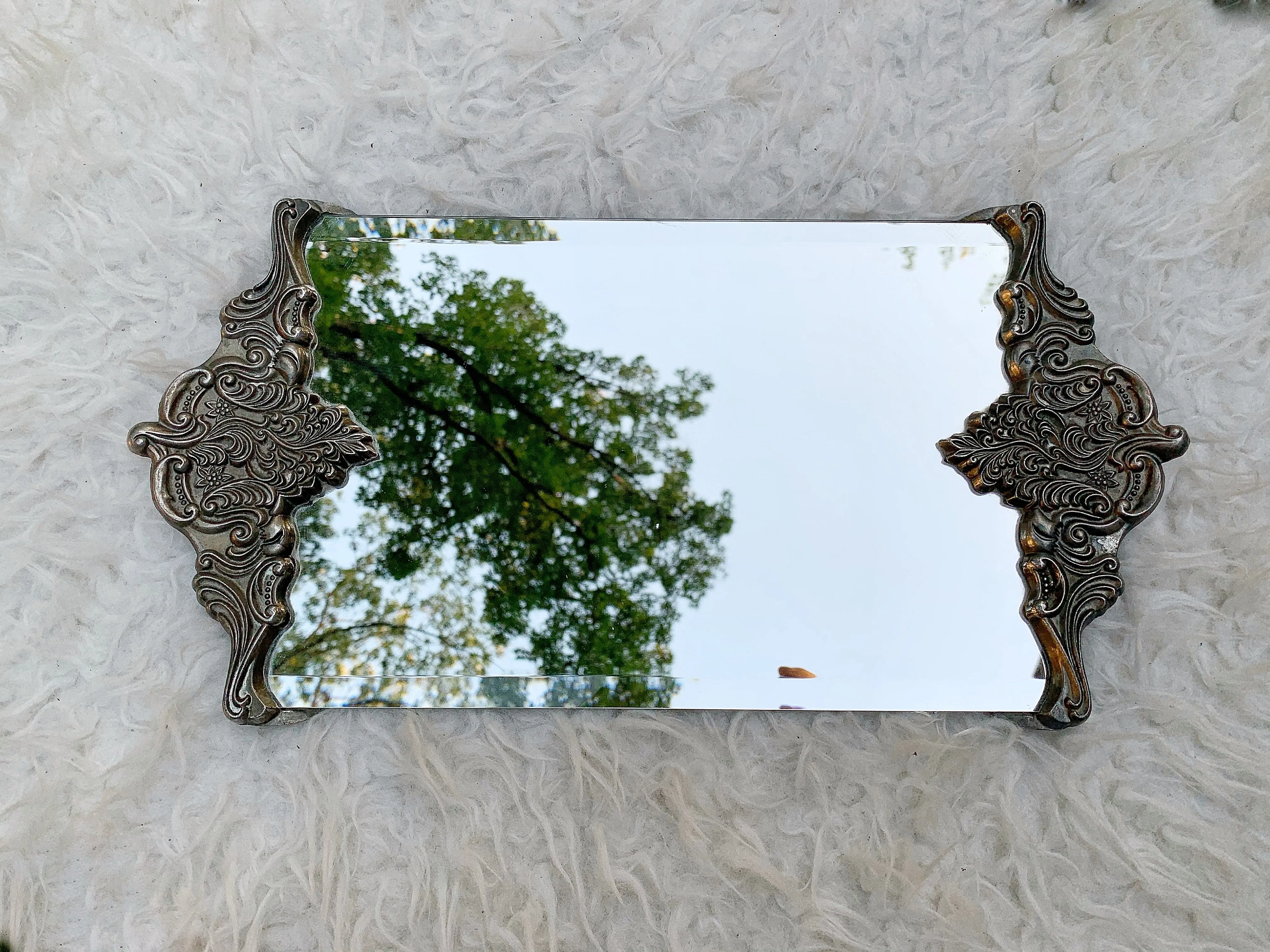 Antique Ornate Silver Mirror Tray