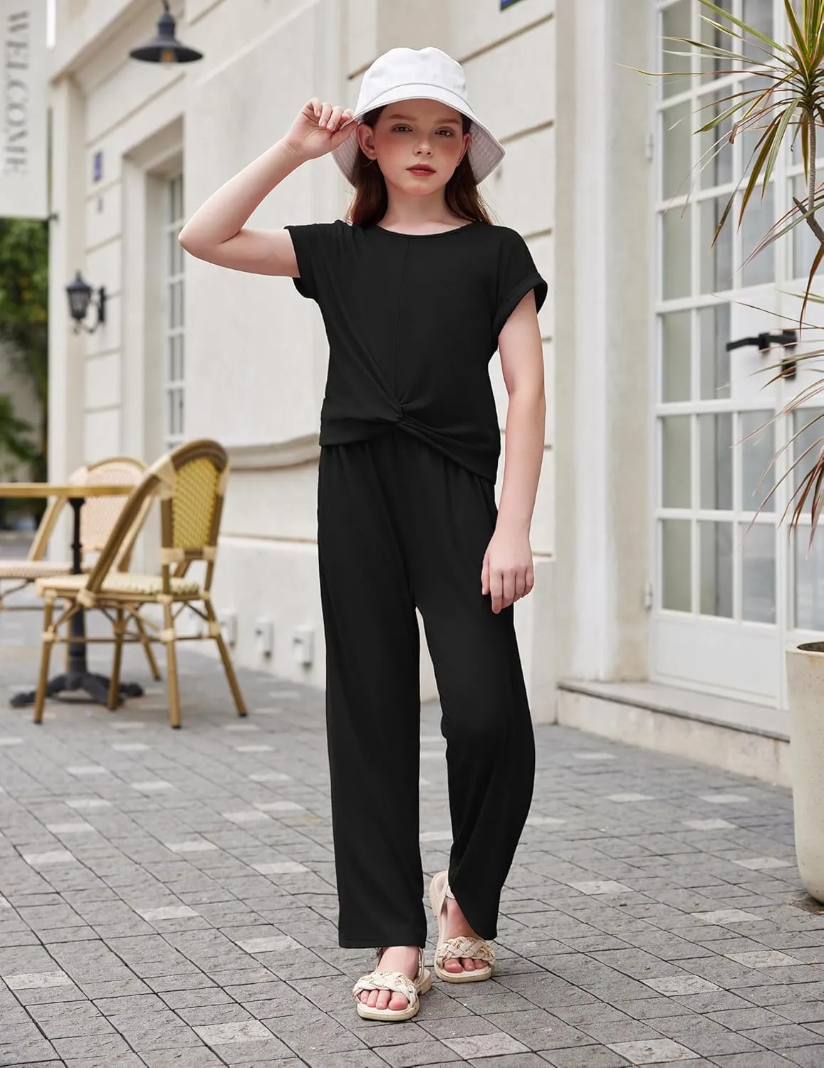 Arshiner Girls 2 Piece Outfits Twist-Front Top and Ribbed Wide Leg Pants Set