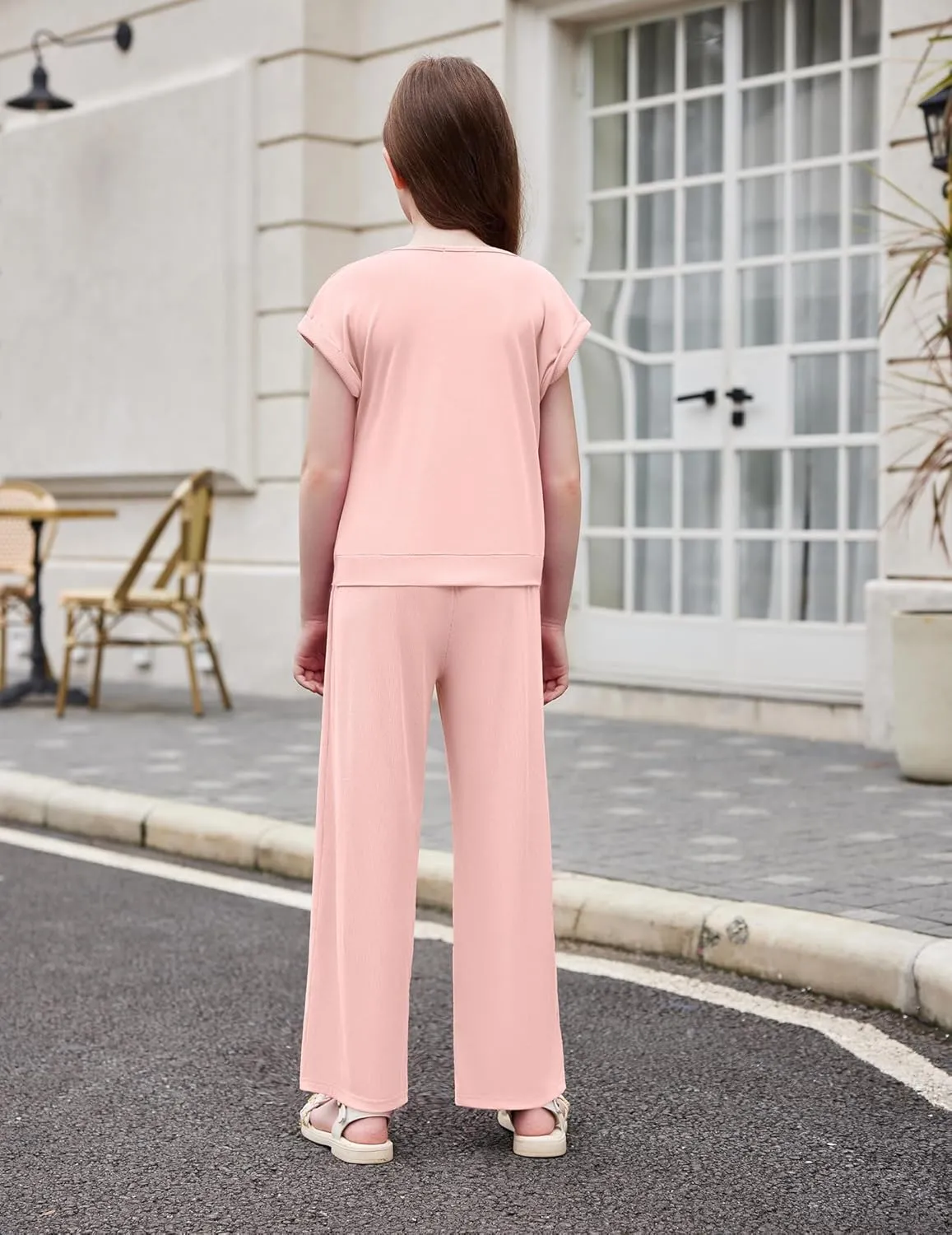 Arshiner Girls 2 Piece Outfits Twist-Front Top and Ribbed Wide Leg Pants Set