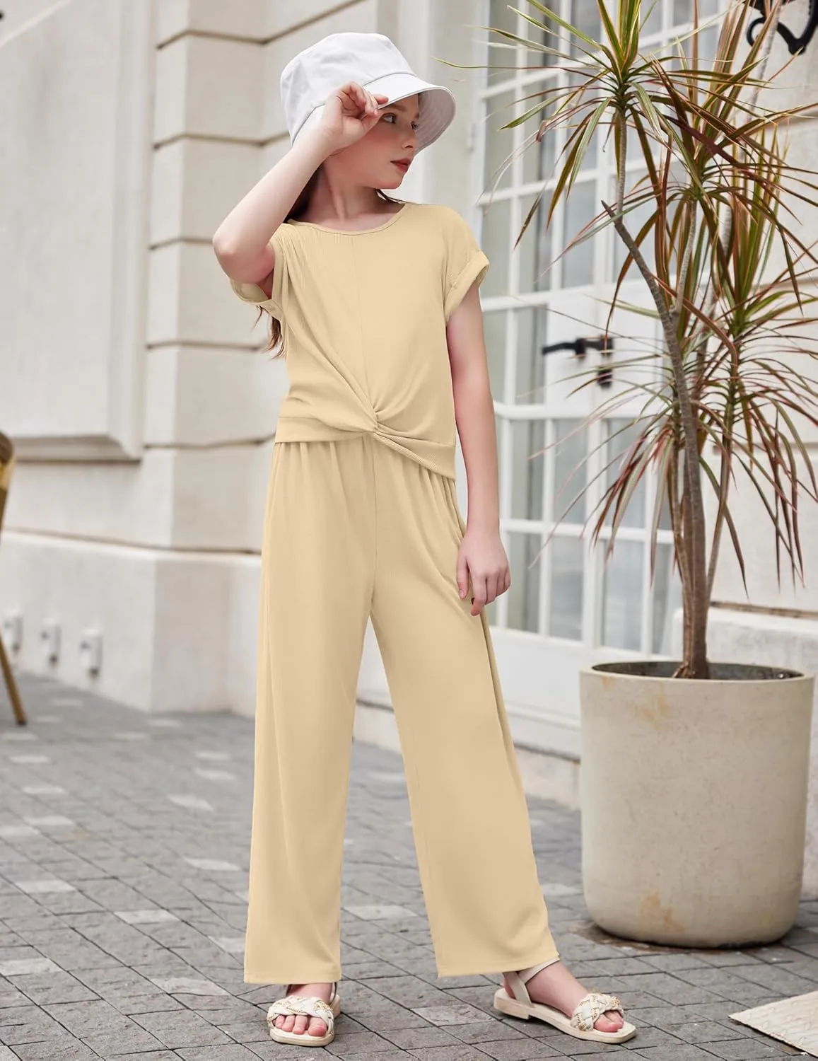 Arshiner Girls 2 Piece Outfits Twist-Front Top and Ribbed Wide Leg Pants Set