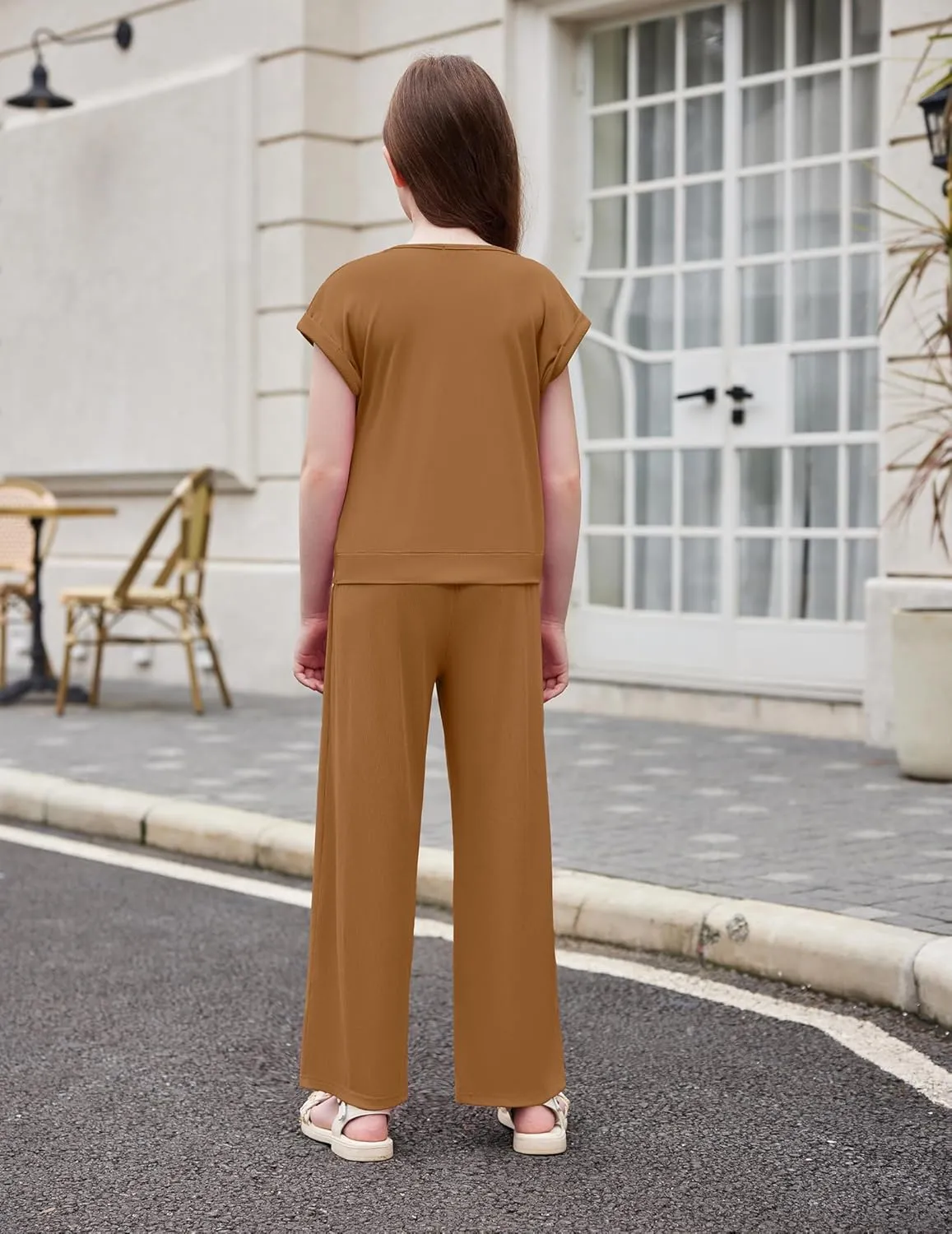 Arshiner Girls 2 Piece Outfits Twist-Front Top and Ribbed Wide Leg Pants Set