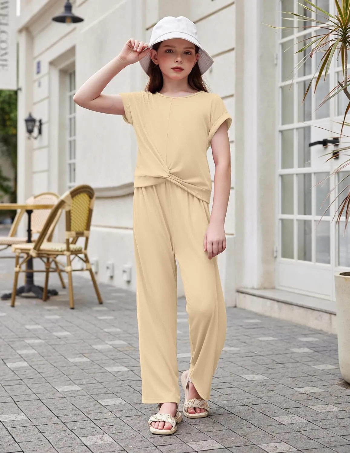 Arshiner Girls 2 Piece Outfits Twist-Front Top and Ribbed Wide Leg Pants Set
